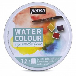 Pebeo Aquarelle Fine Watercolour Round Tin Set of 12 Half Pans & 1 Pocket Brush
